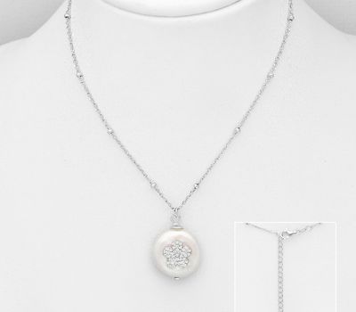 925 Sterling Silver Flower Necklace, Decorated with Freshwater Pearl and CZ Simulated Diamonds