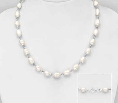 925 Sterling Silver Bead Necklace, Beaded with Freshwater Pearls