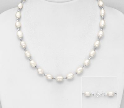Şəkli böyütmək üçün tiklayın 925 Sterling Silver Bead Necklace, Beaded with Freshwater Pearls