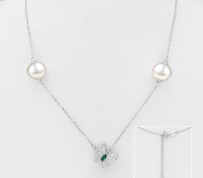 Şəkli böyütmək üçün tiklayın 925 Sterling Silver Butterfly Necklace, Decorated with CZ Simulated Diamonds and Freshwater Pearls
