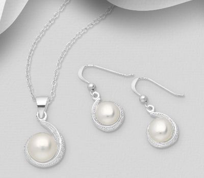 925 Sterling Silver Hook Earrings and Pendant, Decorated with Freshwater Pearls and CZ Simulated Diamonds