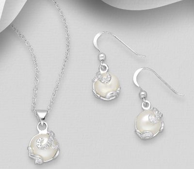 Şəkli böyütmək üçün tiklayın 925 Sterling Silver Push-Back Earrings and Pendant Jewelry Set, Decorated with Freshwater Pearls and CZ Simulated Diamonds