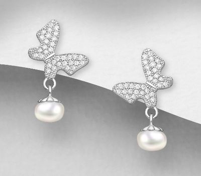 925 Sterling Silver Butterfly Push-Back Earrings, Decorated with Freshwater Pearls and CZ Simulated Diamonds