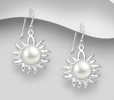 925 Sterling Silver Sun Hook Earrings, Decorated with Freshwater Pearls