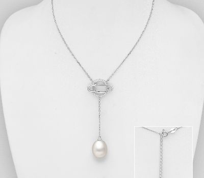 925 Sterling Silver Necklace Featuring Safety Pin, Decorated with CZ Simulated Diamonds and FreshWater Pearl