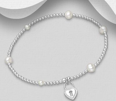 925 Sterling Silver Heart Lock Elastic Bracelet, Beaded With Freshwater Pearls