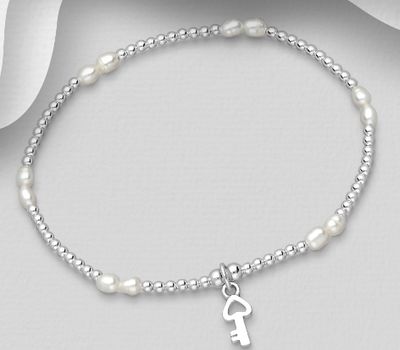 925 Sterling Silver Key Elastic Bracelet, Beaded With Freshwater Pearls