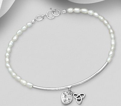 925 Sterling Silver Celtic Trinity and Heart Charm Bracelet, Decorated with CZ Simulated Diamond and Freshwater Pearls