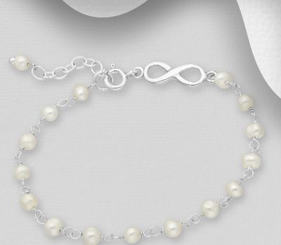 925 Sterling Silver Infinity Bracelet, Beaded with Freshwater Pearls
