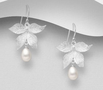 925 Sterling Silver Leaf Hook Earrings, Decorated with FreshWater Pearls