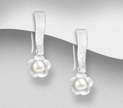 925 Sterling Silver Matt Flower Hook Earrings, Decorated with Freshwater Pearls
