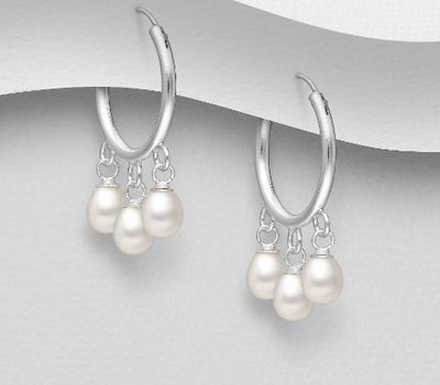 925 Sterling Silver Hoop Earrings, Decorated with FreshWater Pearls