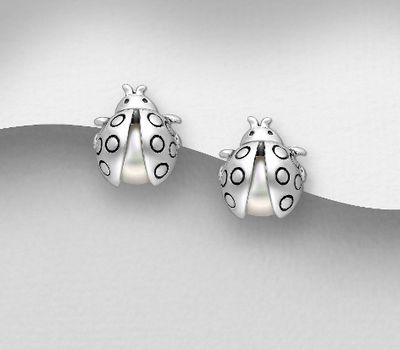 925 Sterling Silver Oxidized Ladybug Push-Back Earrings, Decorated with Freshwater Pearls