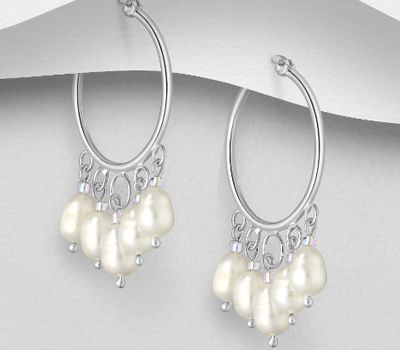 925 Sterling Silver Dangle Hoop Earrings Beaded with Freshwater Pearls and Seed Beads