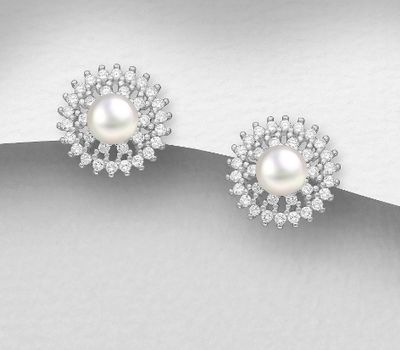925 Sterling Silver Push-Back Earrings, Decorated with Freshwater Pearls and CZ Simulated Diamonds