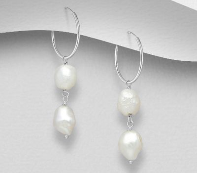 925 Sterling Silver Hoop Earrings, Decorated with Freshwater Pearls