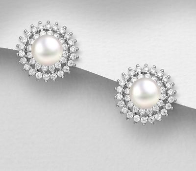 925 Sterling Silver Circle Push-Back Earrings, Decorated with CZ Simulated Diamonds and Freshwater Pearls