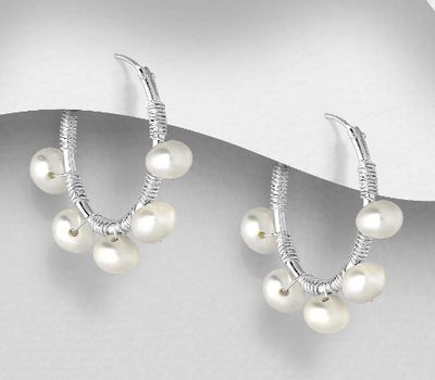925 Sterling Silver Hoop Earrings, Beaded with Freshwater Pearl
