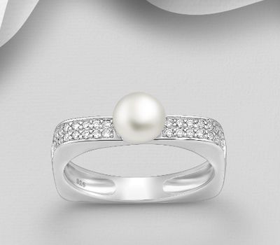 925 Sterling Silver Square Band Ring, Decorated with Freshwater Pearls and CZ Simulated Diamonds