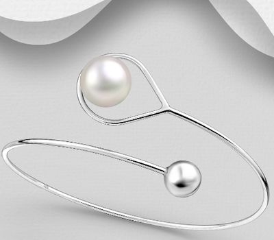 925 Sterling Silver Cuff Bracelet, Decorated with 11 mm Diameter Freshwater Pearl