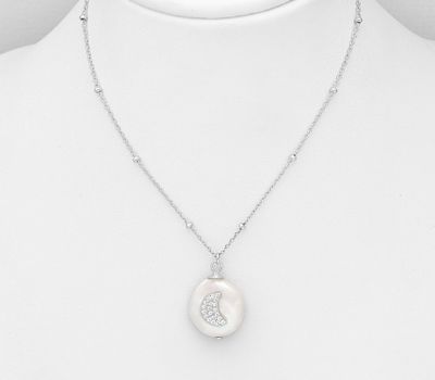 925 Sterling Silver Moon Necklace, Decorated with  Freshwater Pearl and CZ Simulated Diamonds