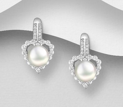 925 Sterling Silver Heart Push-Back Earrings, Decorated with CZ Simulated Diamonds and Freshwater Pearls
