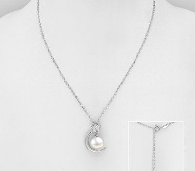 925 Sterling Silver Moon and Star Necklace, Decorated with Freshwater Pearl and CZ Simulated Diamonds