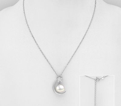 Şəkli böyütmək üçün tiklayın 925 Sterling Silver Moon and Star Necklace, Decorated with Freshwater Pearl and CZ Simulated Diamonds