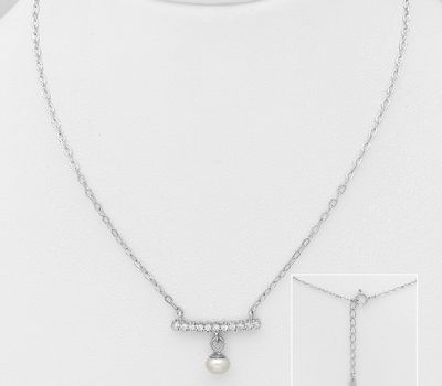 Şəkli böyütmək üçün tiklayın 925 Sterling Silver Bar Necklace, Decorated with Freshwater Pearl and CZ Simulated Diamonds