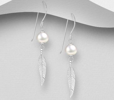 925 Sterling Silver Feather Hook Earrings, Beaded with Freshwater Pearls