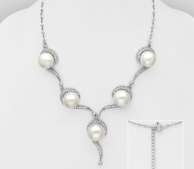 Şəkli böyütmək üçün tiklayın 925 Sterling Silver Necklace, Decorated with Freshwater Pearls and CZ Simulated Diamonds