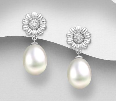 925 Sterling Silver Flower Push-Back Earrings, Decorated with CZ Simulated Diamonds and Freshwater Pearls