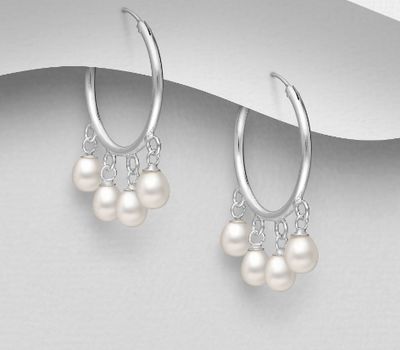 925 Sterling Silver Hoop Earrings Decorated With FreshWater Pearls