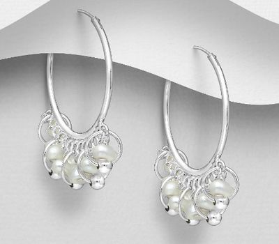 925 Sterling Silver Circle Links Hoop Earrings, Beaded with Freshwater Pearls