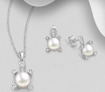 925 Sterling Silver Push-Back Earrings and Pendant Jewelry Set, Decorated with Freshwater Pearls and CZ Simulated Diamonds