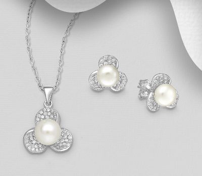 925 Sterling Silver Flower Push-Back Earrings and Pendant Jewelry Set, Decorated with Freshwater Pearls and CZ Simulated Diamonds
