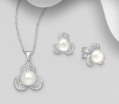 Şəkli böyütmək üçün tiklayın 925 Sterling Silver Flower Push-Back Earrings and Pendant Jewelry Set, Decorated with Freshwater Pearls and CZ Simulated Diamonds