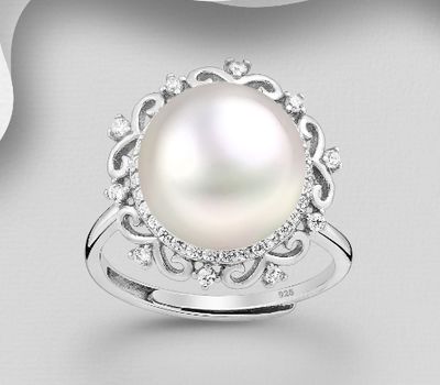 925 Sterling Silver Swirl Ring, Decorated with CZ Simulated Diamonds and Freshwater Pearl