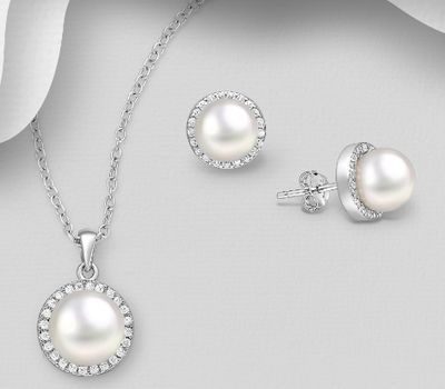 925 Sterling Silver Halo Push-Back Earrings and Pendant Jewelry Set, Decorated with Freshwater Pearls and CZ Simulated Diamonds