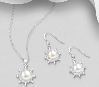 925 Sterling Silver Hook Spike Earrings and Pendant Jewelry Set, Decorated with Freshwater Pearl and CZ Simulated Diamonds