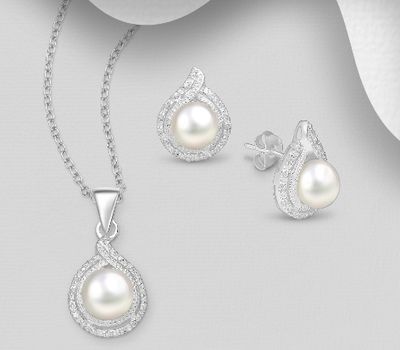 925 Sterling Silver Push-Back Earrings and Pendant Jewelry Set, Decorated with Freshwater Pearls and CZ Simulated Diamonds
