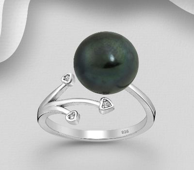 925 Sterling Silver Adjustable Ring, Featuring Heart Design, Decorated with CZ Simulated Diamonds and Freshwater Pearl