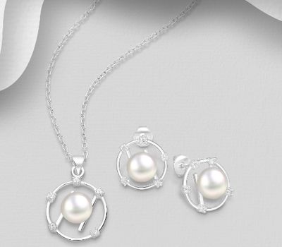 925 Sterling Silver Circle Pendant and Push-Back Earrings Jewelry Set, Decorated with CZ Simulated Diamonds and Freshwater Pearls