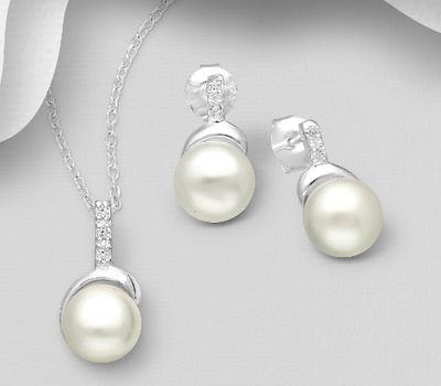 925 Sterling Silver Push-Back Earrings and Pendant Jewelry Set, Decorated with CZ Simulated Diamonds and Freshwater Pearls