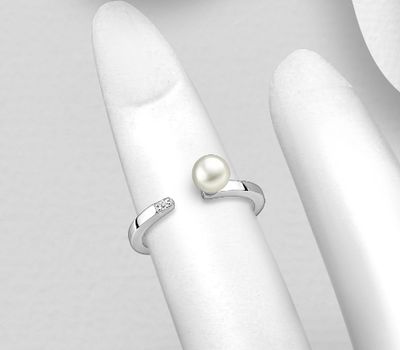 925 Sterling Silver Knuckle Ring, Decorated with Freshwater Pearl and CZ Simulated Diamond