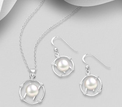 925 Sterling Silver Circle Pendant and Hook Earrings Jewelry Set, Decorated with CZ Simulated Diamonds and Freshwater Pearls