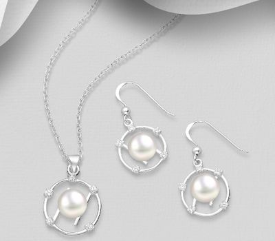 Şəkli böyütmək üçün tiklayın 925 Sterling Silver Circle Pendant and Hook Earrings Jewelry Set, Decorated with CZ Simulated Diamonds and Freshwater Pearls
