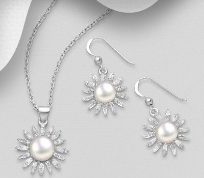 925 Sterling Silver Hook Earrings and Pendant Jewelry Set, Decorated with Freshwater Pearls and CZ Simulated Diamonds