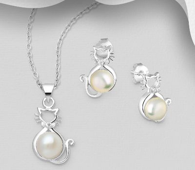 925 Sterling Silver Cat Push-Back Earrings and Pendant Jewelry Set, Decorated with CZ Simulated Diamonds and Freshwater Pearls