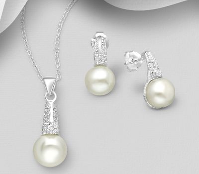 925 Sterling Silver Push-Back Earrings and Pendant Jewelry Set, Decorated with CZ Simulated Diamonds and Freshwater Pearls
